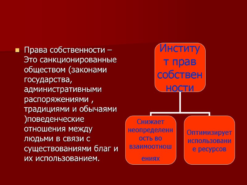Права собственности –Это санкционированные обществом (законами государства, административными распоряжениями , традициями и обычаями )поведенческие